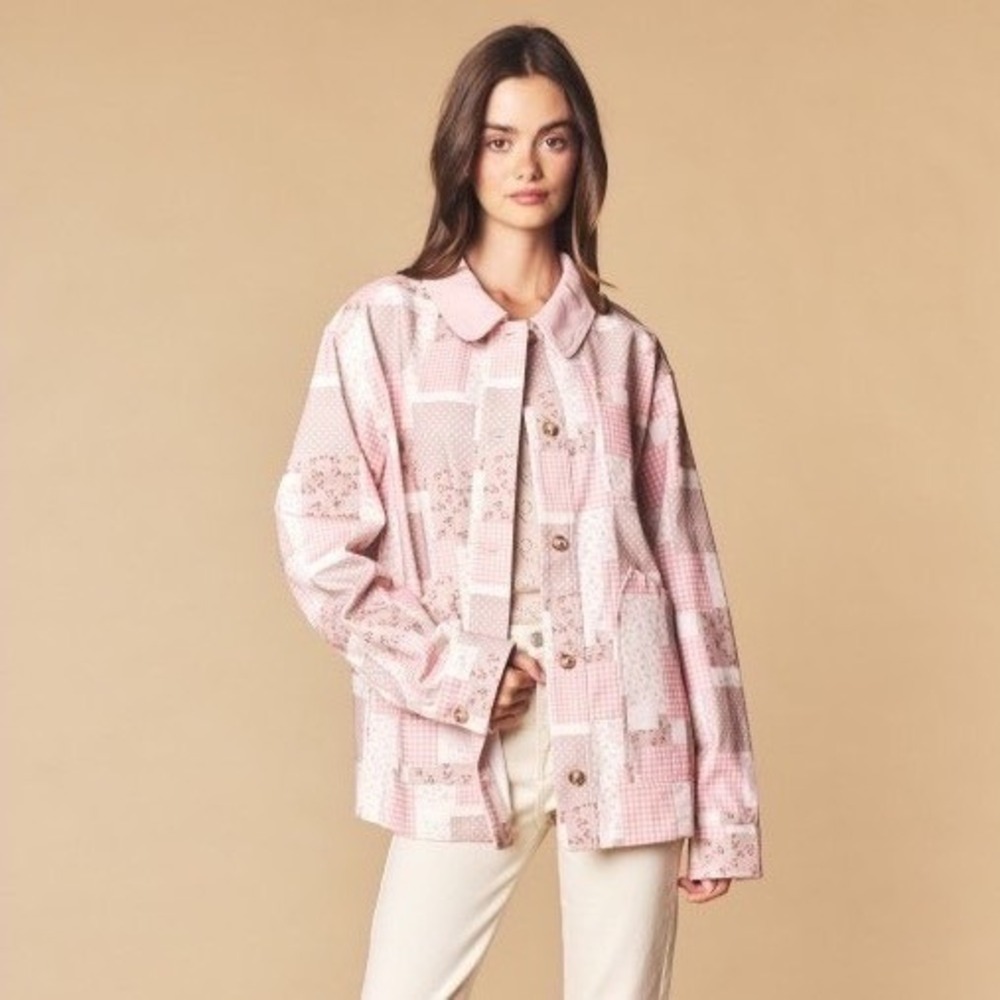 C276.New Rareraw Pink Patchwork Cotton Canvas Jacket with Corduroy Collar Floral